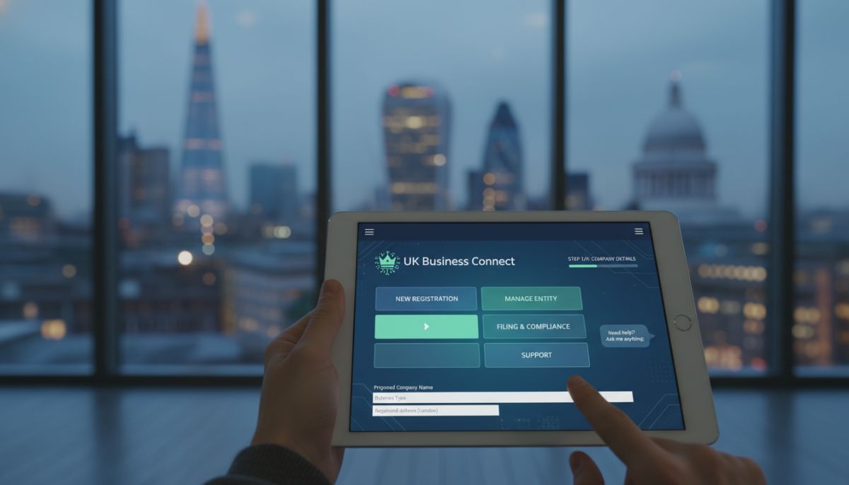 A sleek, modern digital interface of a government business registration portal on a tablet, with the London City skyline blurred in the background, representing the ease of digital incorporation.