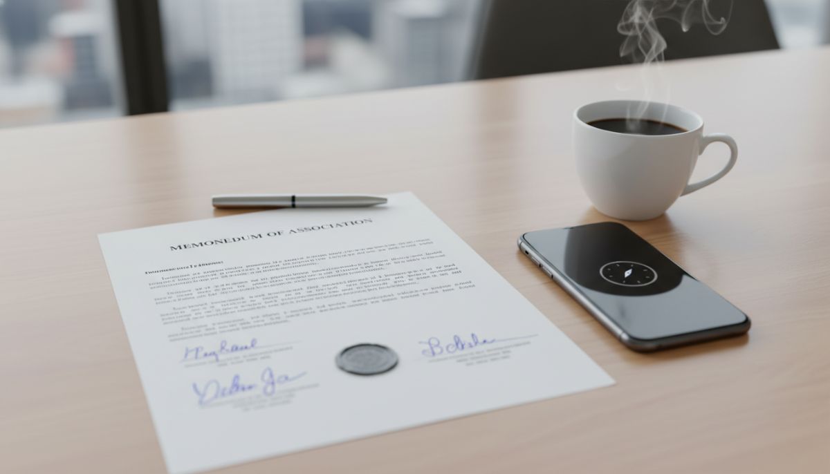 A professional close-up of a signed 'Memorandum of Association' document on a clean desk, next to a modern smartphone and a cup of coffee, symbolizing the start of a new business venture.