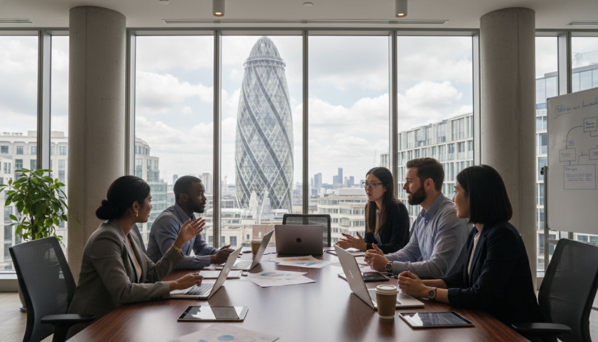 A professional office setting in London with a view of the Gherkin through the window, entrepreneurs of diverse backgrounds discussing strategy around a modern desk with laptops and documents.