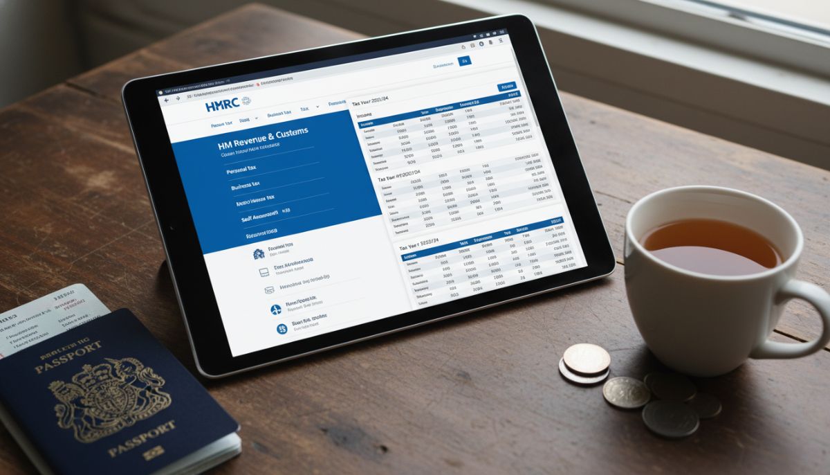 A close-up of a digital tablet showing the HM Revenue & Customs (HMRC) website and financial spreadsheets, with a British passport and a cup of tea on a wooden desk.