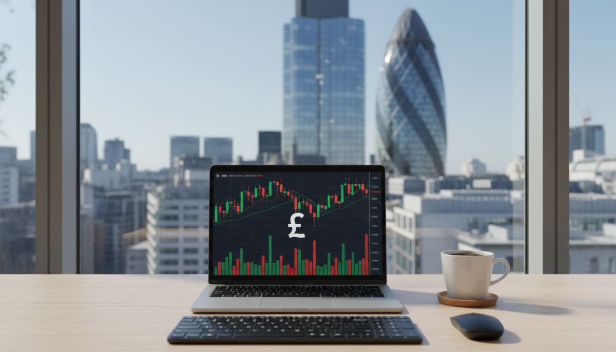 A clean, modern desk with a laptop displaying financial charts and a British Pound symbol, a cup of coffee, and a window view of the London Gherkin building, professional and sharp, 4k.