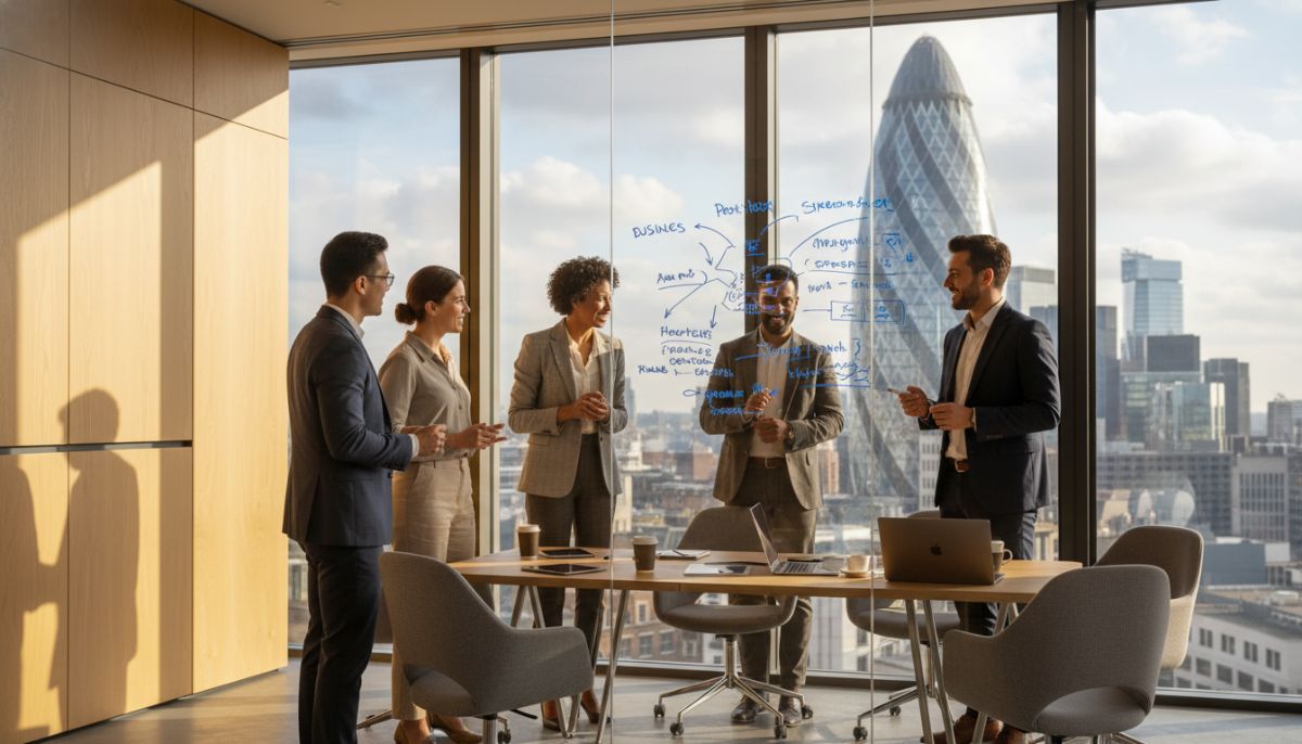 A diverse group of professional entrepreneurs in a modern London meeting room, discussing business plans on a glass whiteboard, sleek interior design with a view of the Gherkin skyscraper.