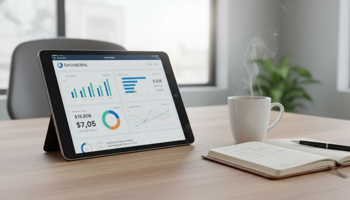 A close-up of a digital tablet showing a professional business tax dashboard and financial charts, with a cup of coffee and a leather-bound notebook on a wooden desk in a bright office.